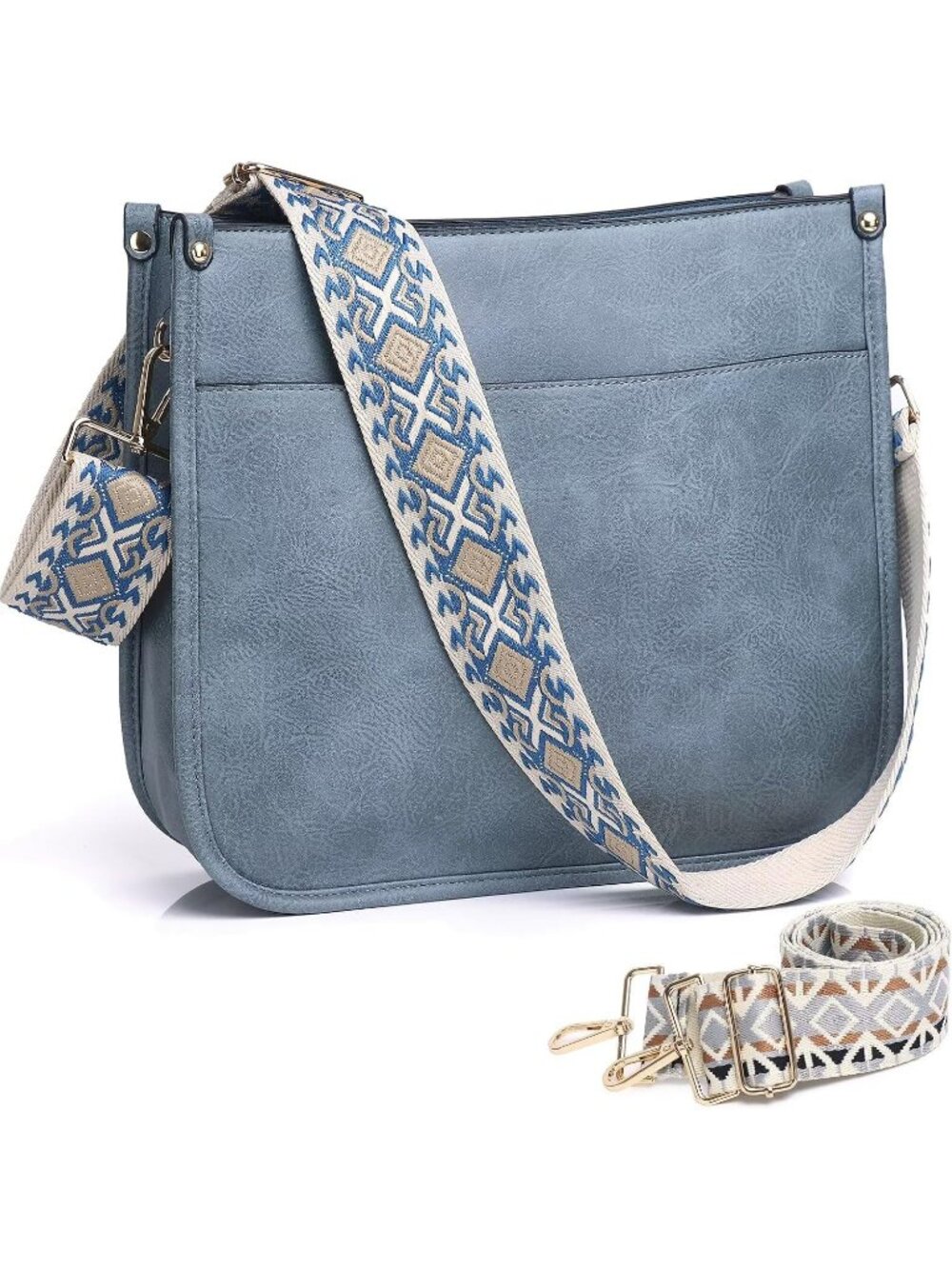 Women's Blue Vegan Leather Purse Bag Crossbody Bags With 2 Adjustable Straps